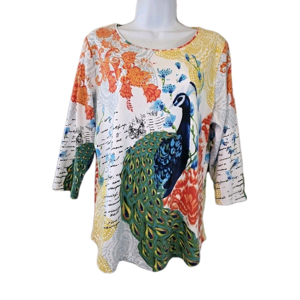 Allison Daley Top Womens Large Multicolor Knit Peacock Floral Bright Colorful